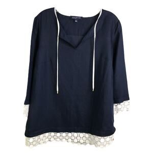 Jones New York Tunic Top Womens Sz‎ M Navy Blue Eyelet Hem V-Neck Long Sleeve